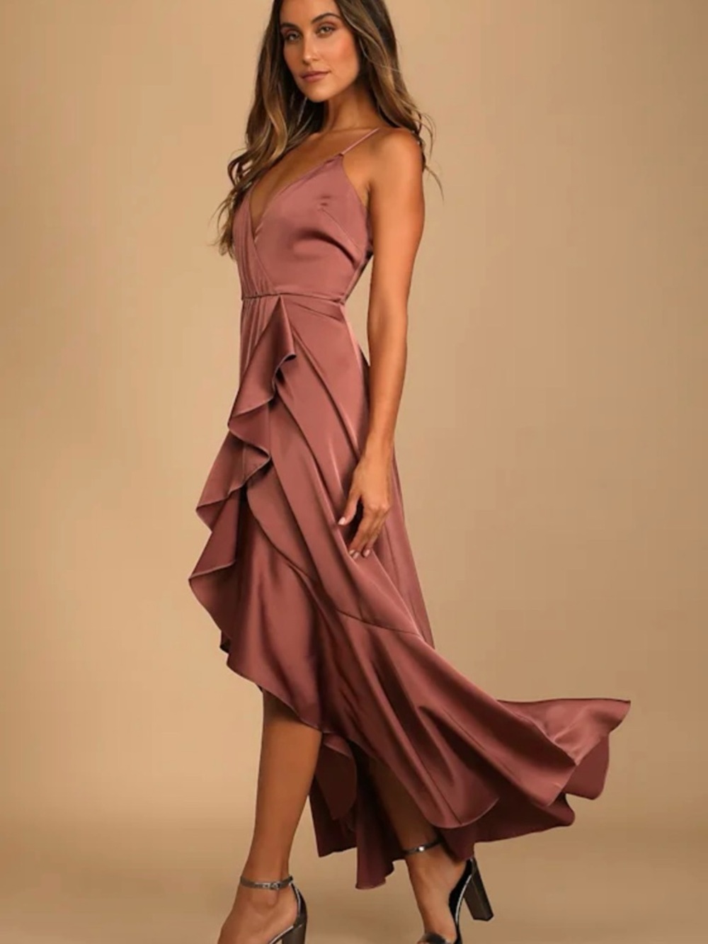 Lulu's Mauve Spaghetti-Strap Ruffle High-Low Dress - Picture 2 of 4